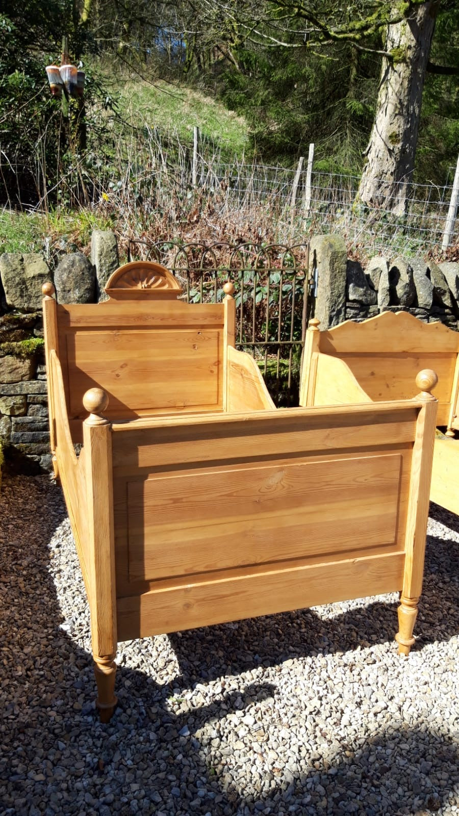 Antique Pine Sleigh Bed with Pediment c. 1890