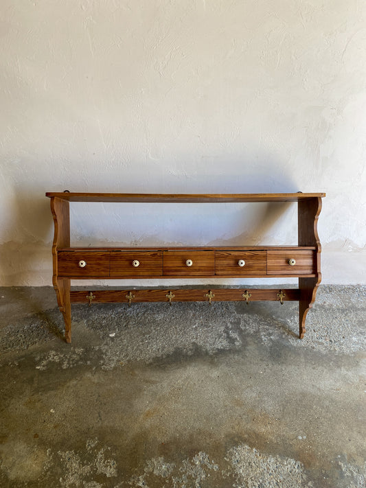 Antique French Pine Wall Shelf with Drawers c. 1900