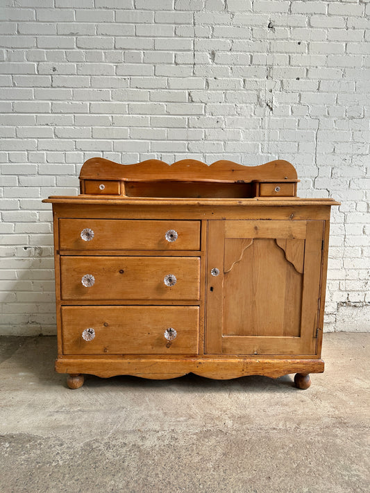 Antique Pine Three Drawer Cupboard with Glass Knobs, c. 1875