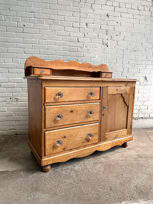 Antique Pine Three Drawer Cupboard with Glass Knobs, c. 1875