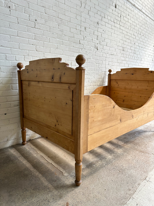 Antique Pine Sleigh Bed with Squared Top, c. 1900