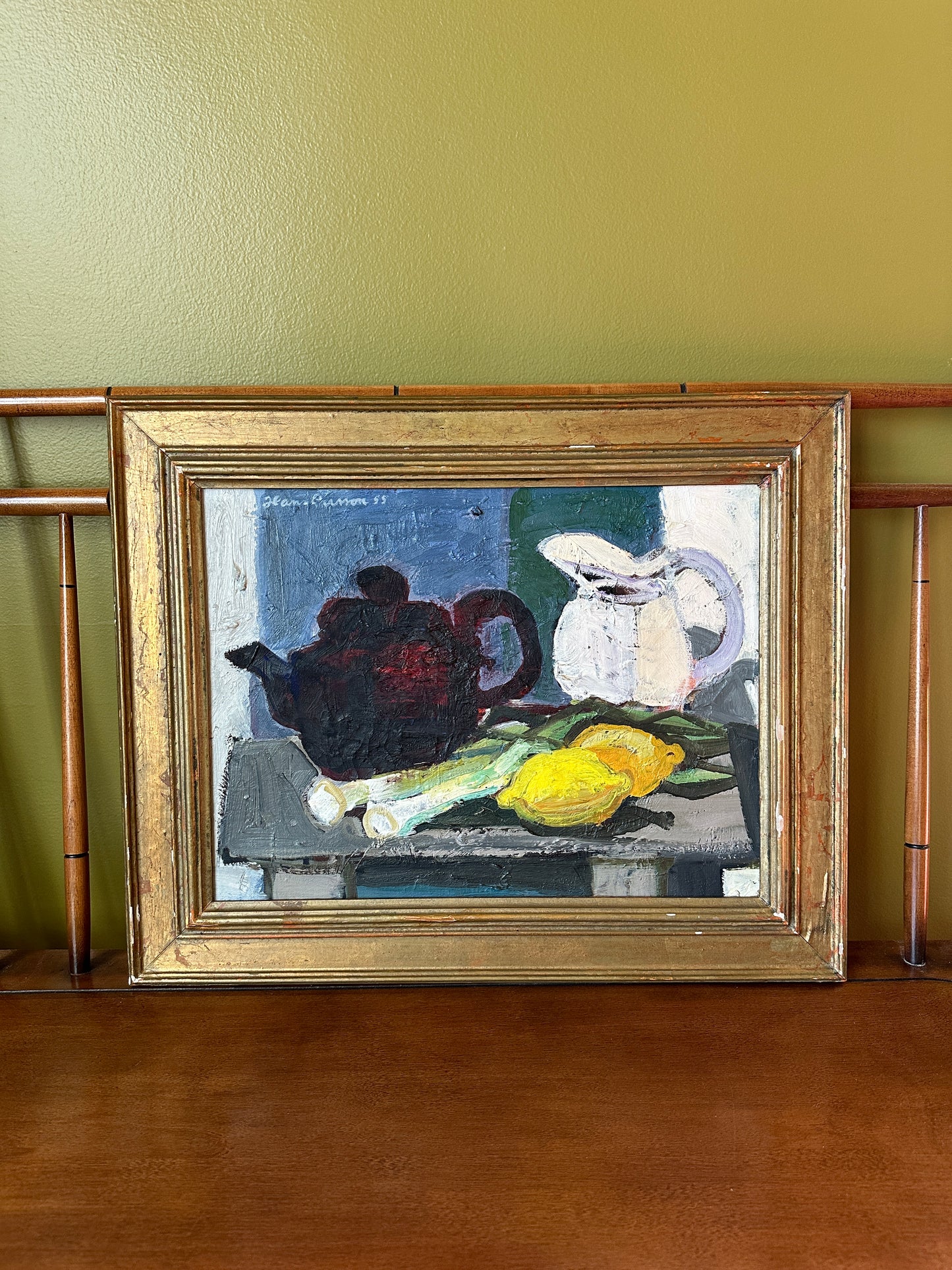 Teapot with Leeks: Vintage Oil on Canvas