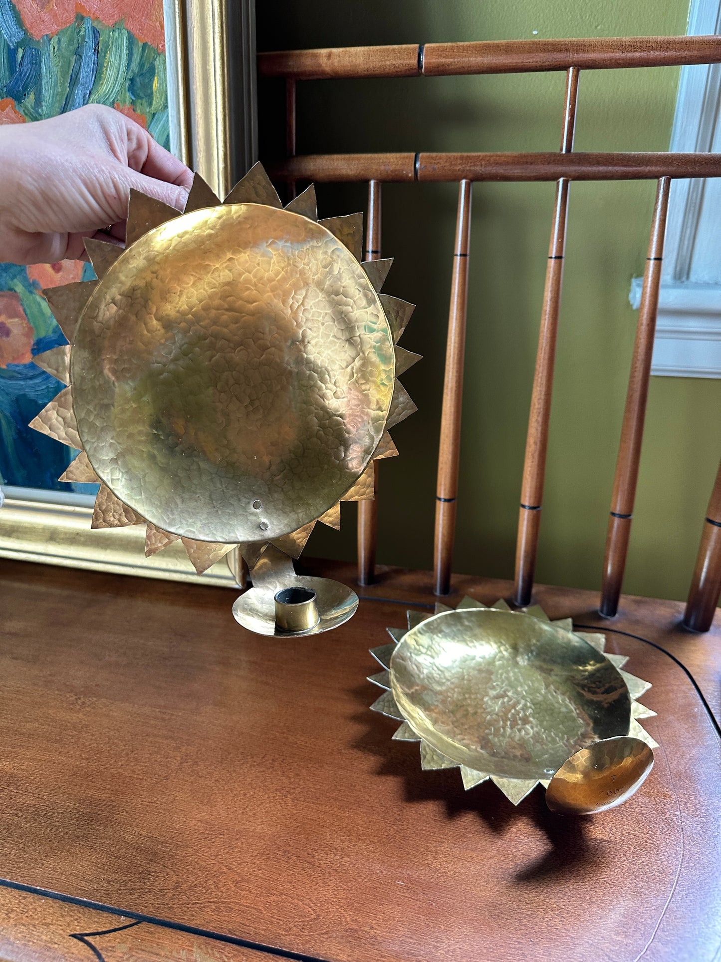A Pair of Swedish Hammered Brass Sun Sconces
