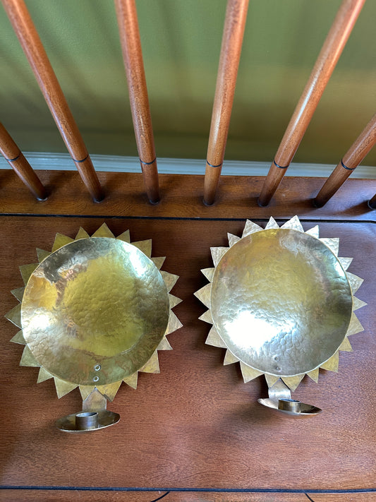 A Pair of Swedish Hammered Brass Sun Sconces