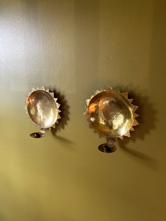 A Pair of Swedish Hammered Brass Sun Sconces