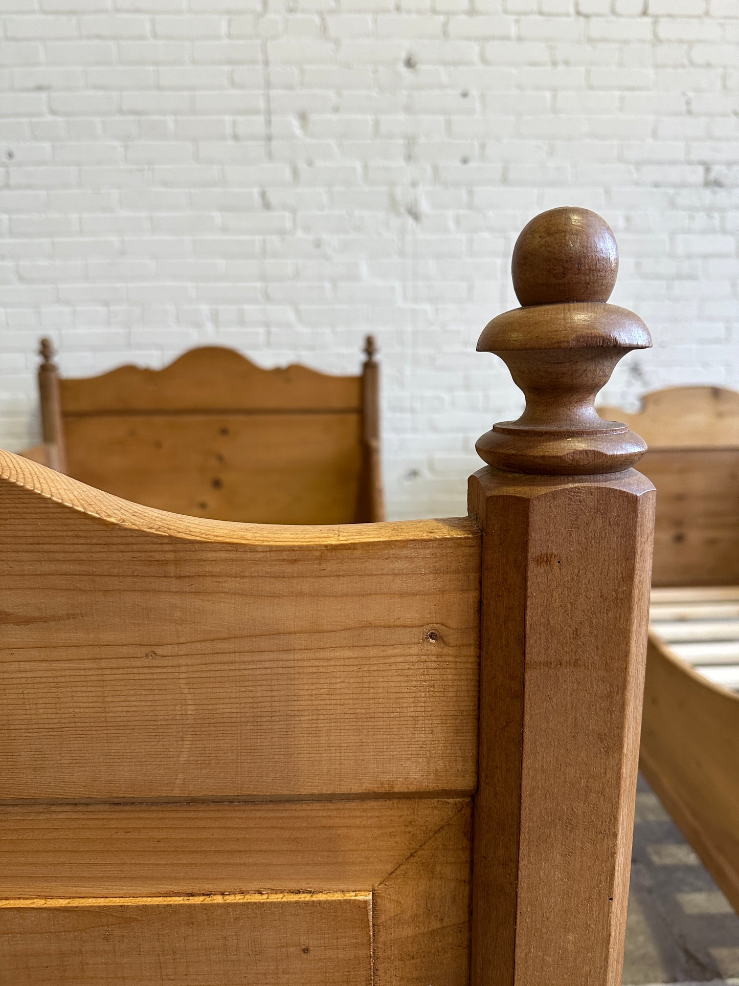 Antique Pine Sleigh Bed with Turned Finials c. 1900