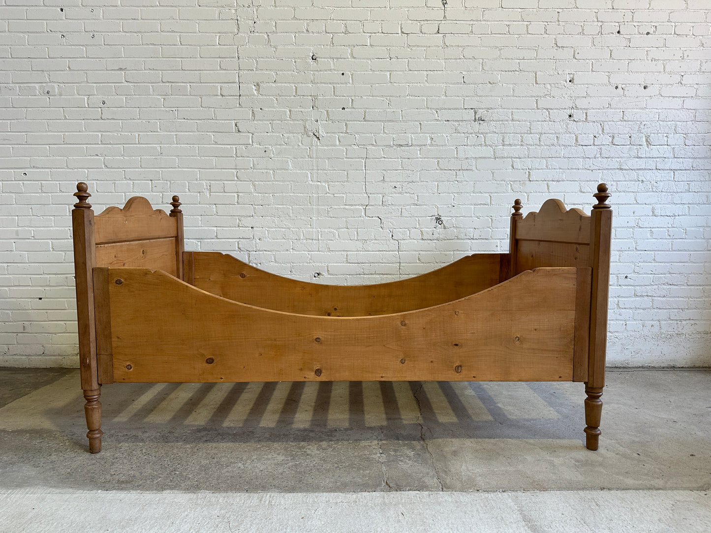 Antique Pine Sleigh Bed with Turned Finials c. 1900