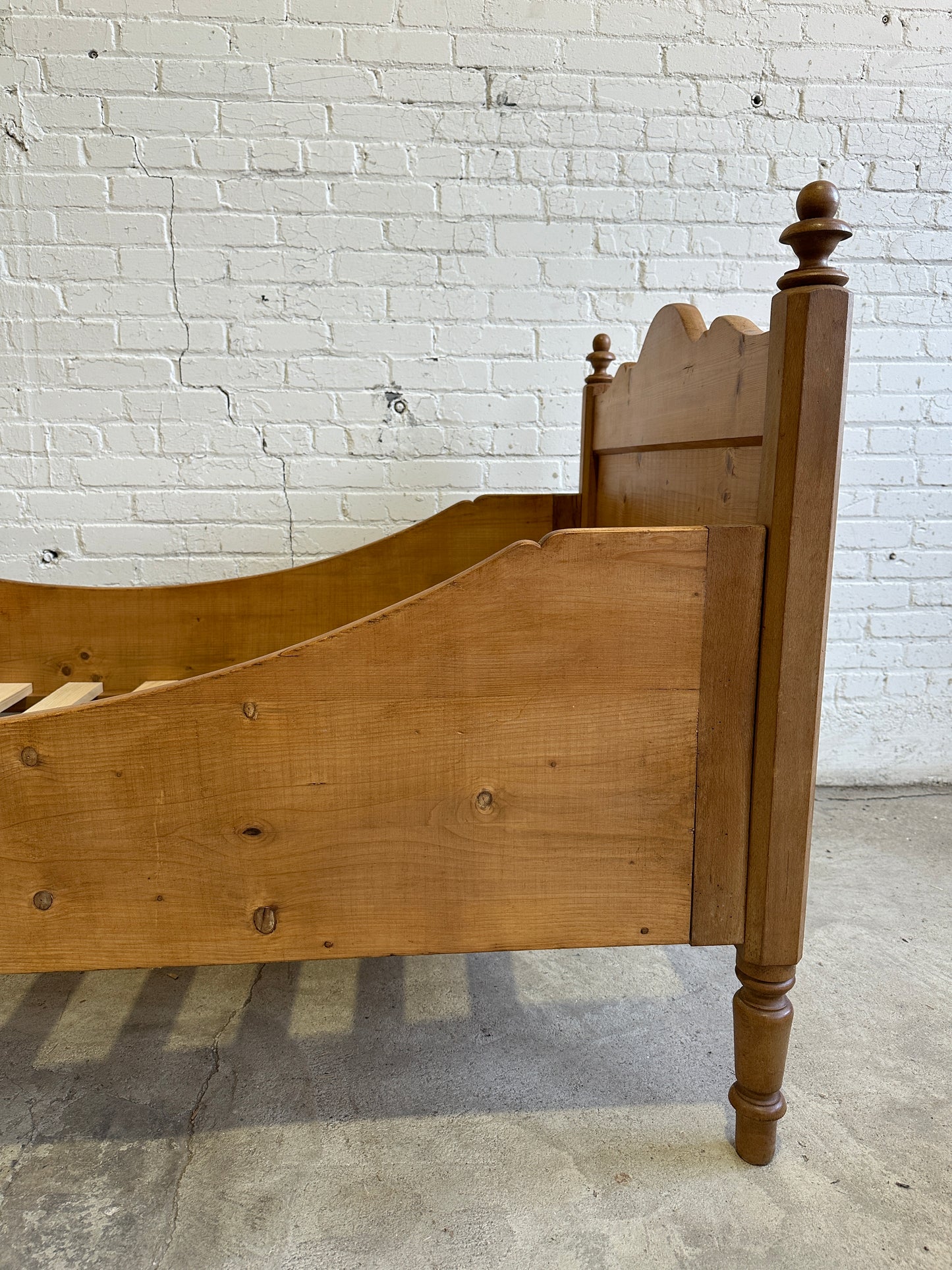 Antique Pine Sleigh Bed with Turned Finials c. 1900