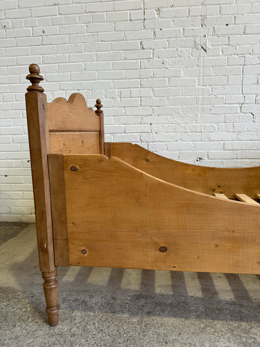 Antique Pine Sleigh Bed with Turned Finials c. 1900