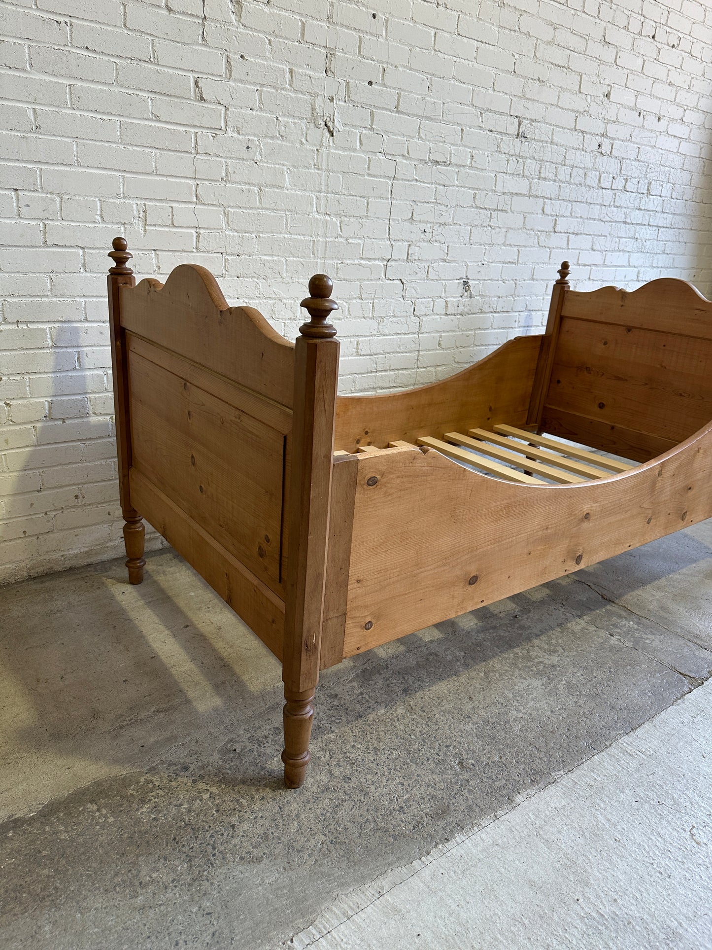 Antique Pine Sleigh Bed with Turned Finials c. 1900