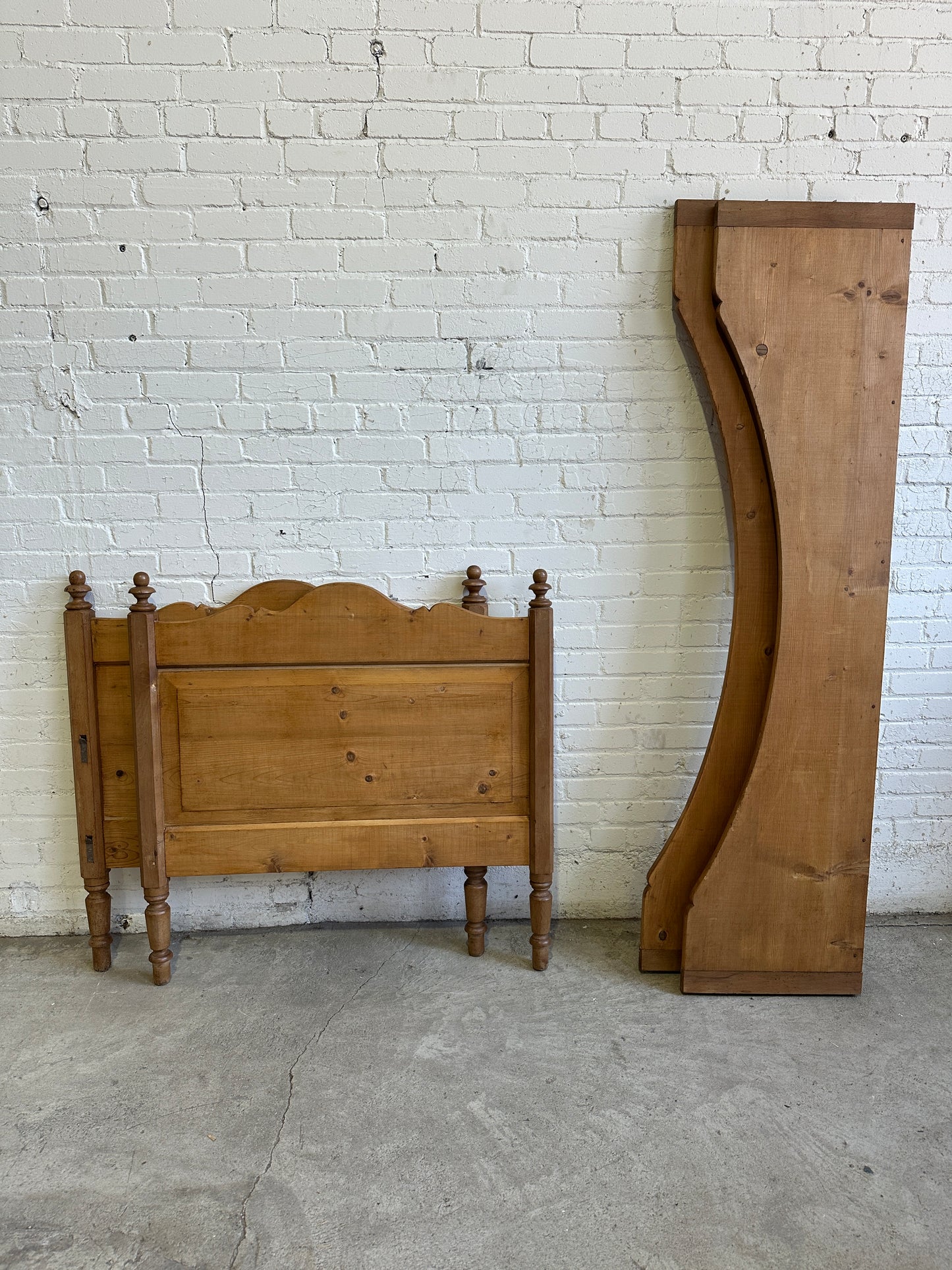 Antique Pine Sleigh Bed with Turned Finials c. 1900