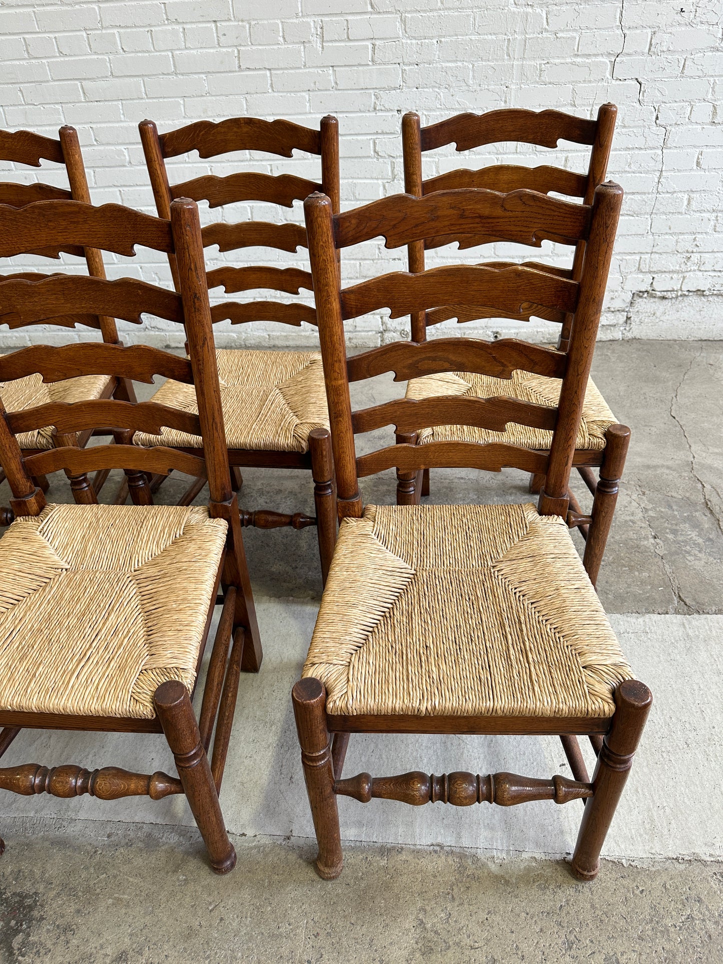 Antique English Oak Ladderback Chairs with Rush Seats c. 1900