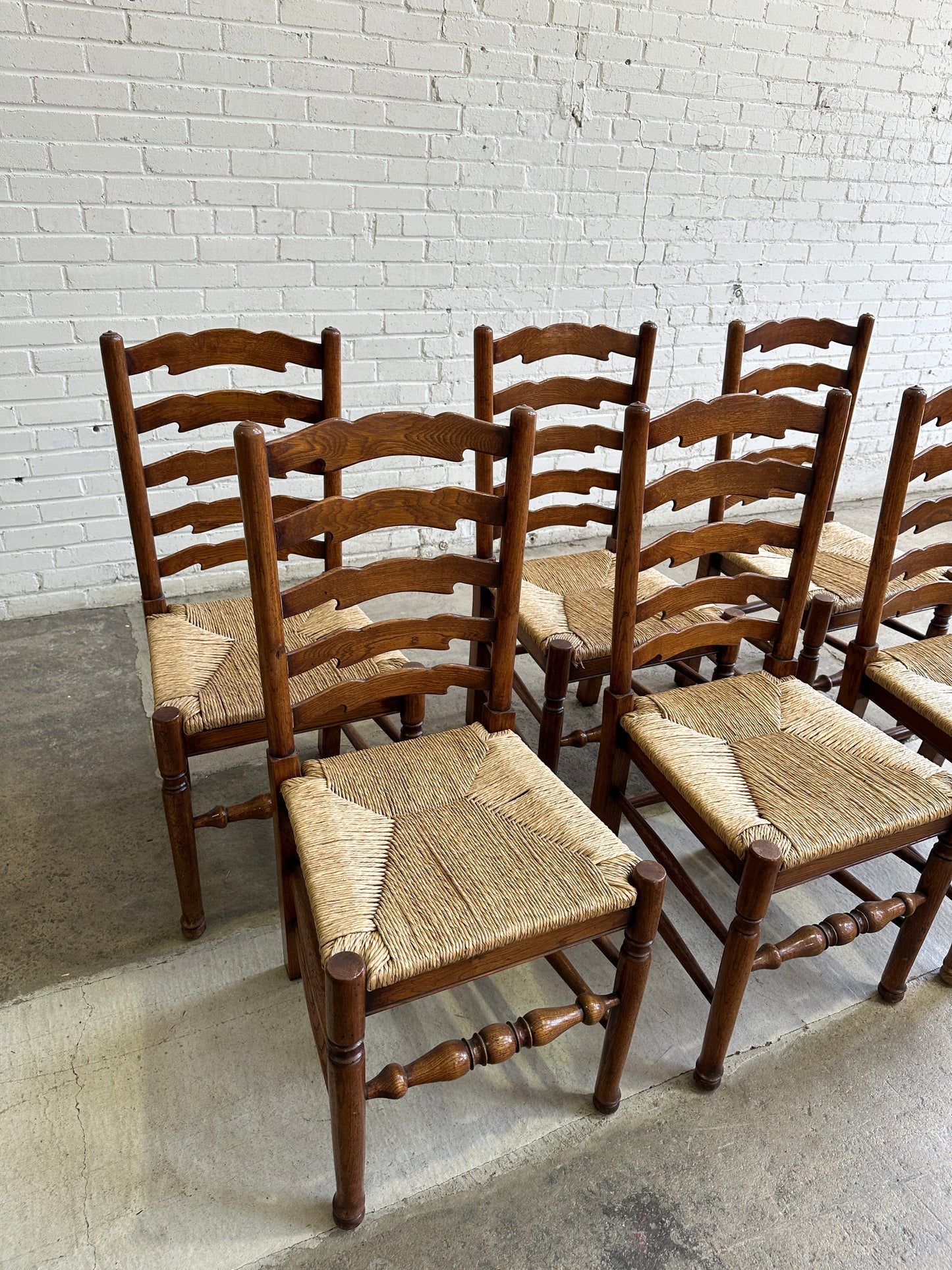 Antique English Oak Ladderback Chairs with Rush Seats c. 1900