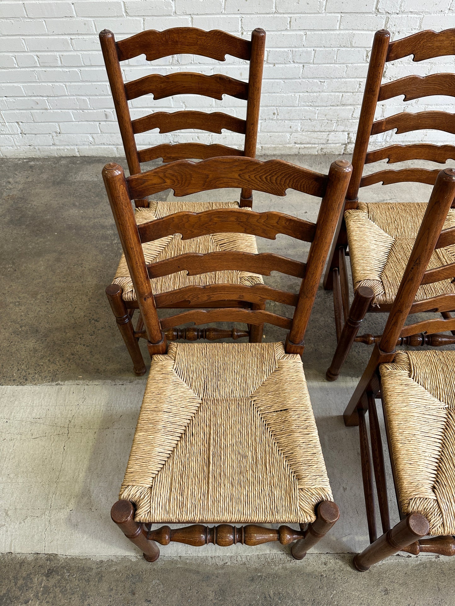 Antique English Oak Ladderback Chairs with Rush Seats c. 1900