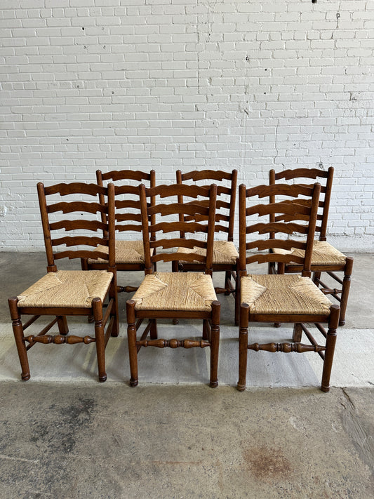 Antique English Oak Ladderback Chairs with Rush Seats c. 1900