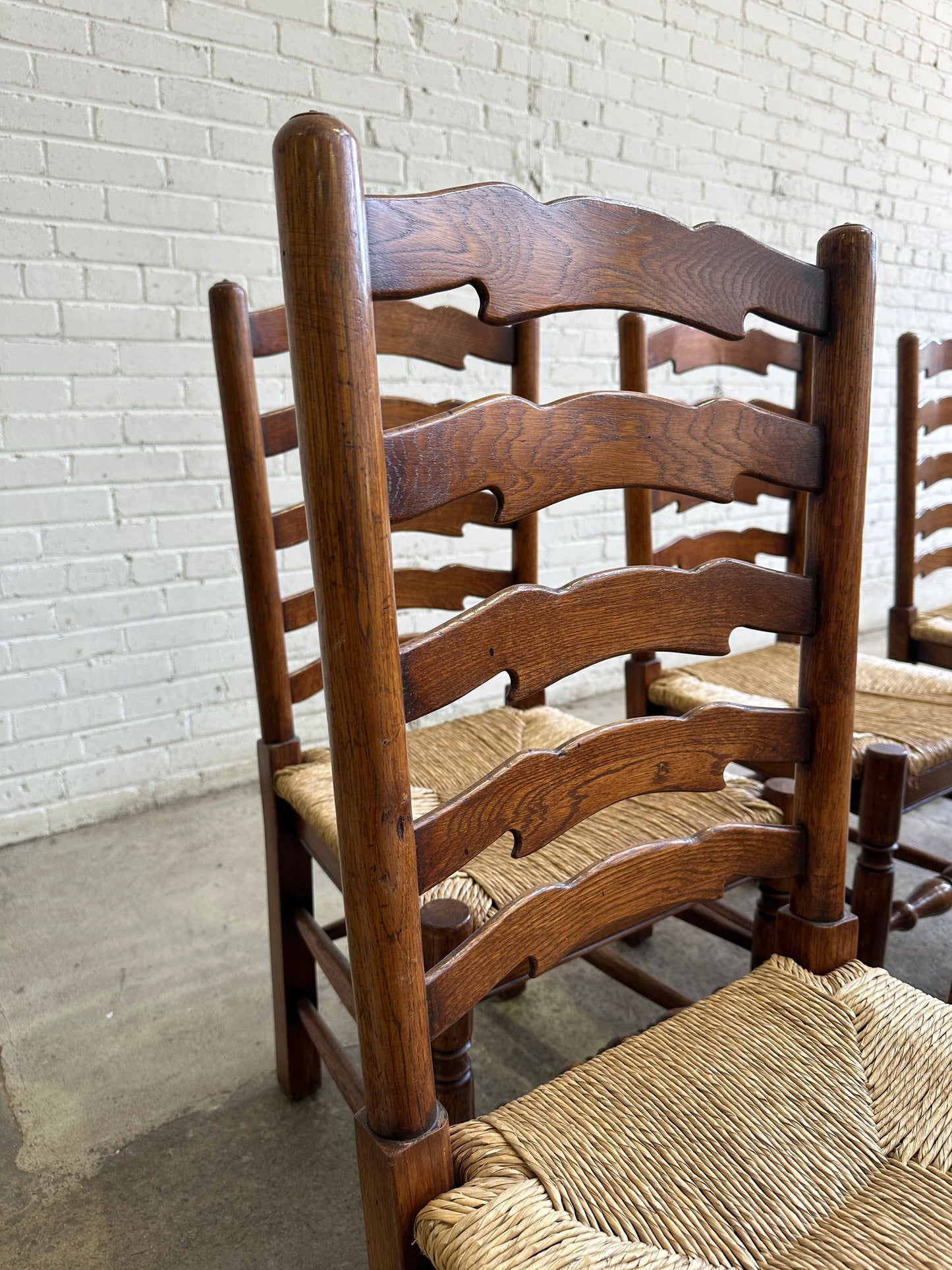 Antique English Oak Ladderback Chairs with Rush Seats c. 1900