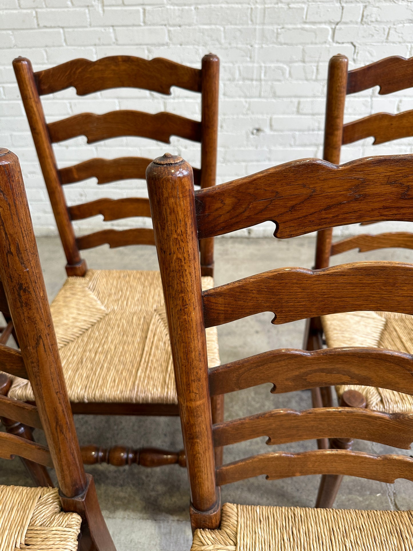 Antique English Oak Ladderback Chairs with Rush Seats c. 1900