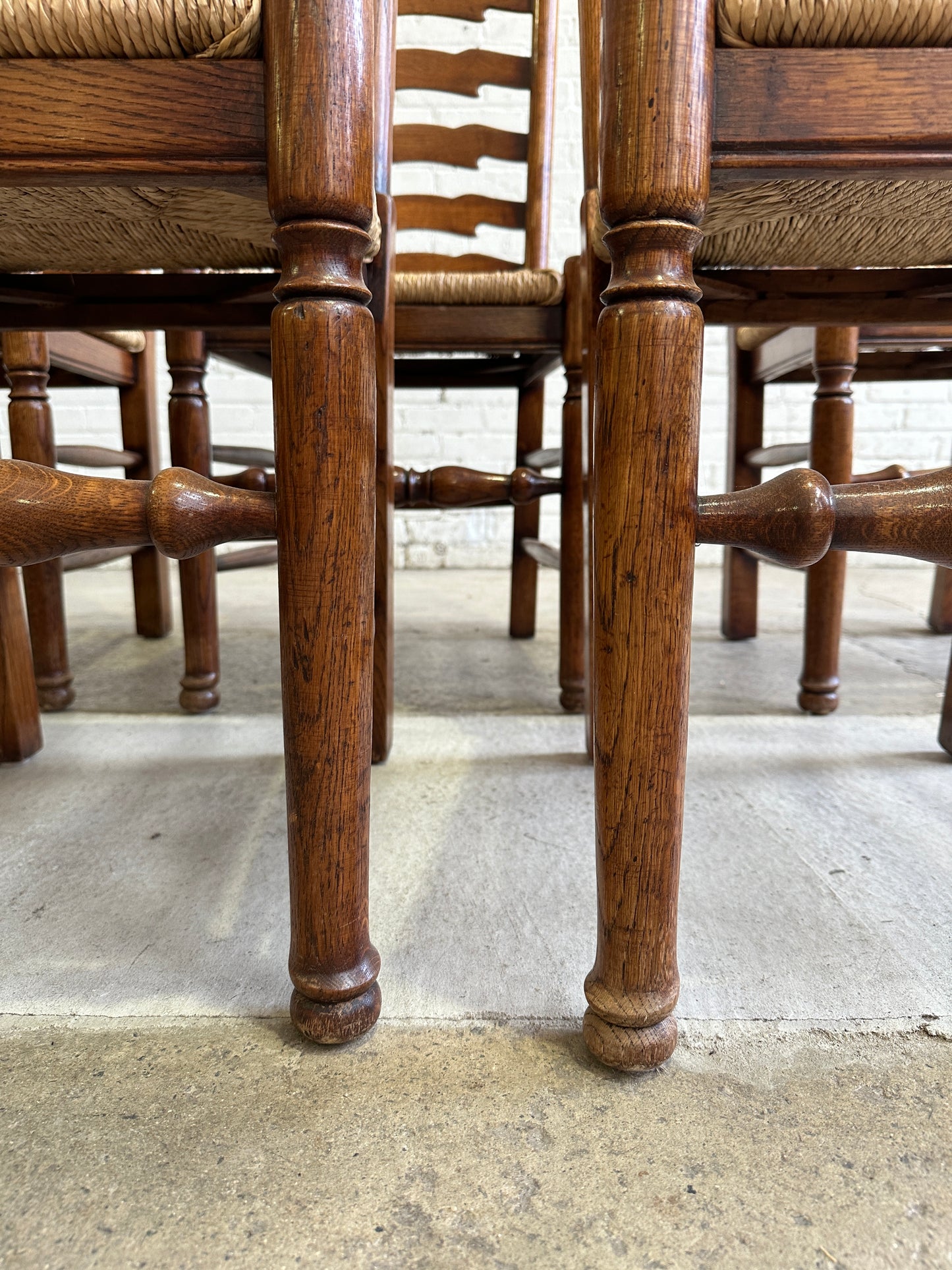 Antique English Oak Ladderback Chairs with Rush Seats c. 1900