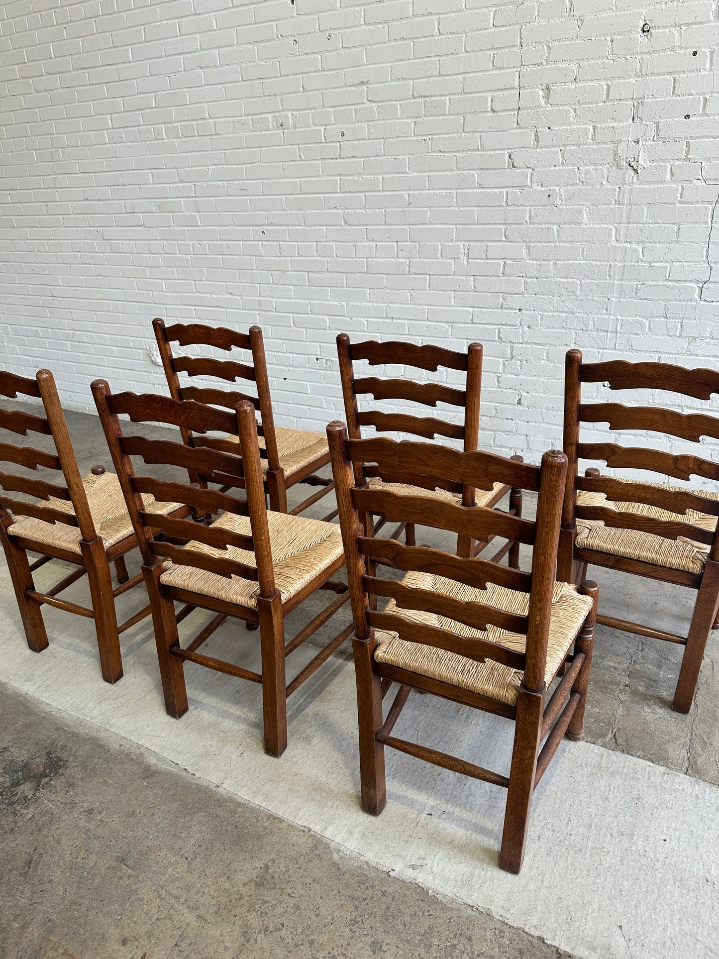 Antique English Oak Ladderback Chairs with Rush Seats c. 1900