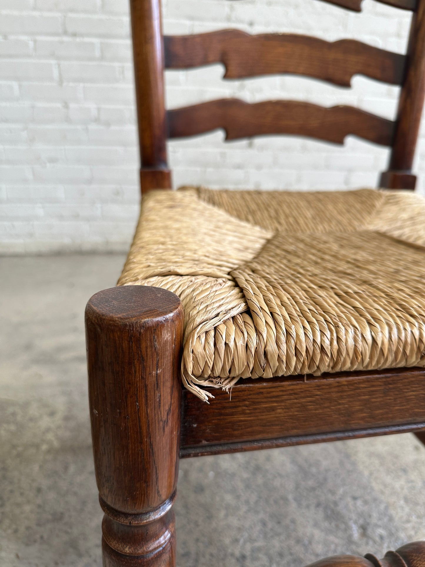 Antique English Oak Ladderback Chairs with Rush Seats c. 1900