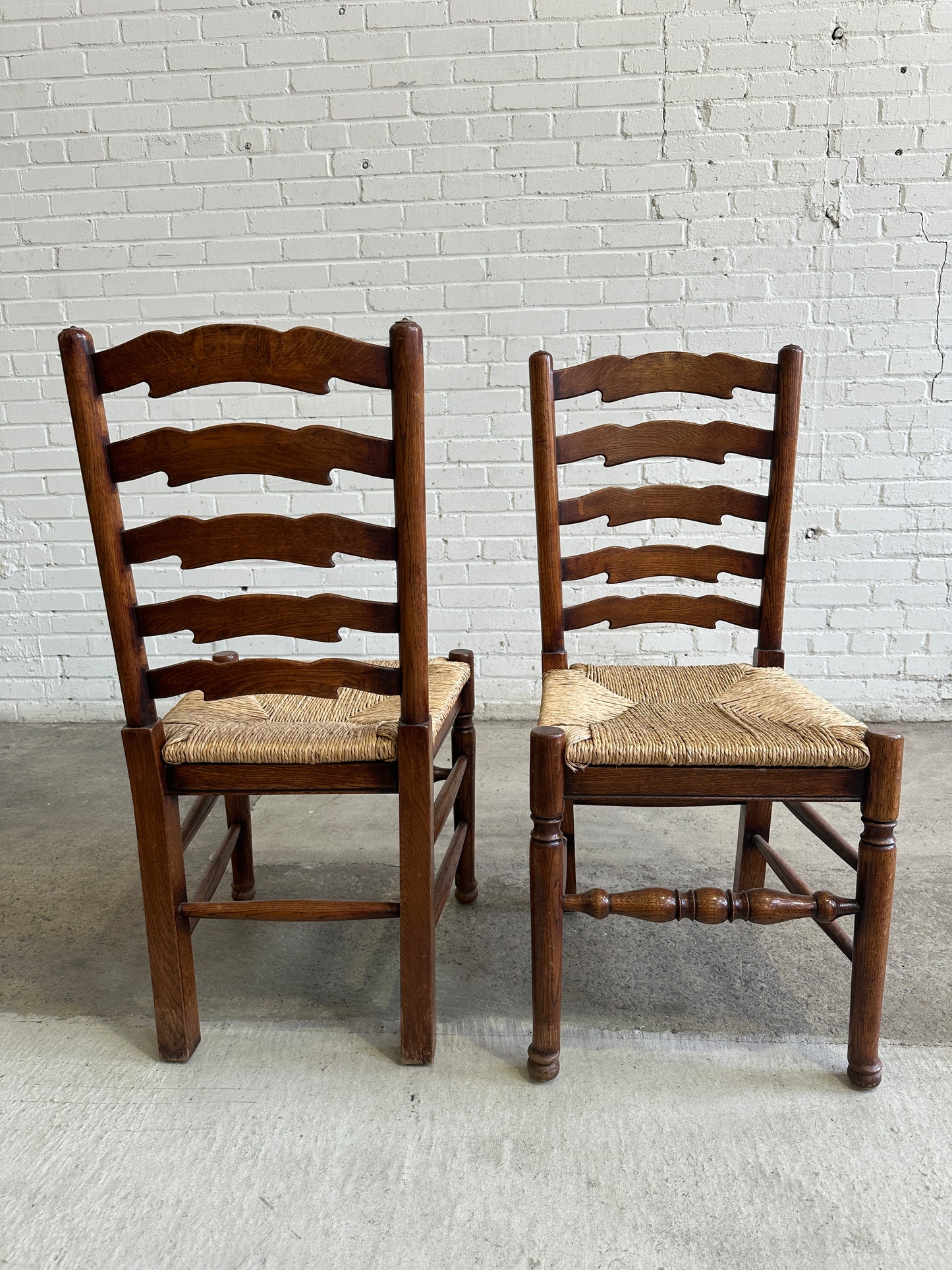 Antique English Oak Ladderback Chairs with Rush Seats c. 1900