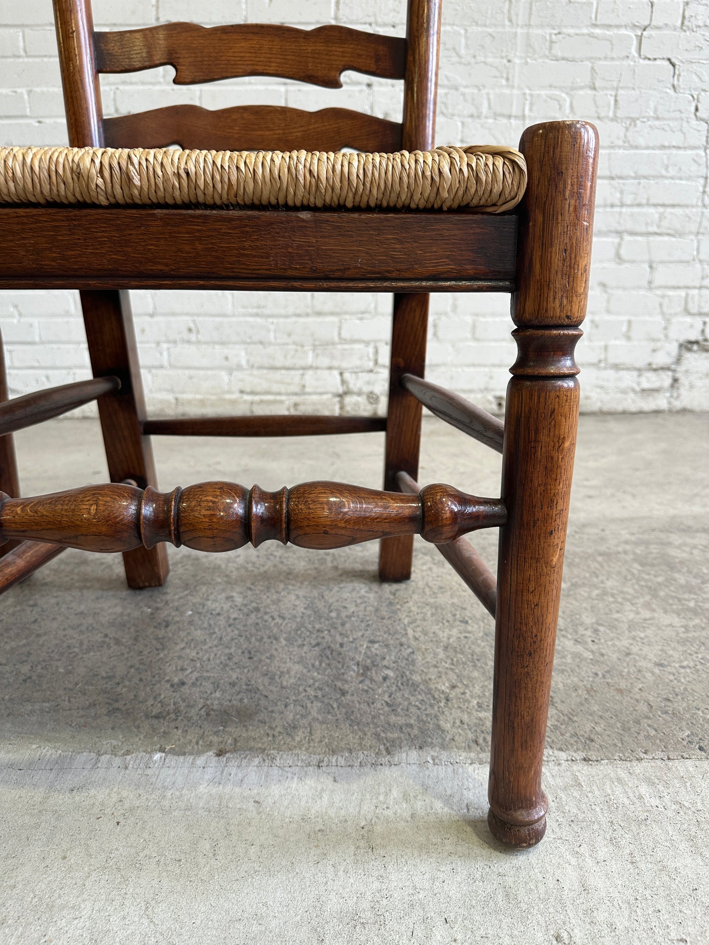 Antique English Oak Ladderback Chairs with Rush Seats c. 1900