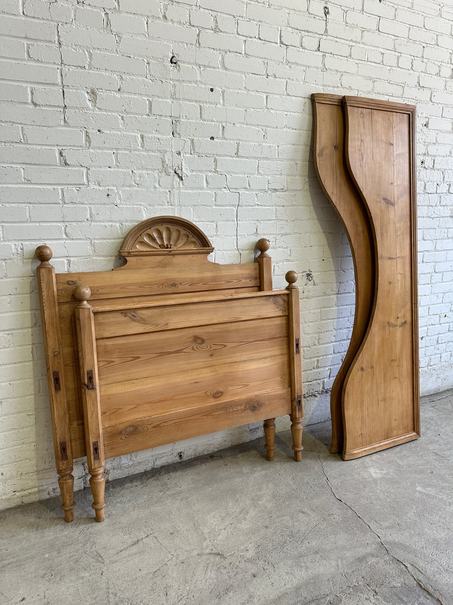 Antique Pine Sleigh Bed with Pediment c. 1890