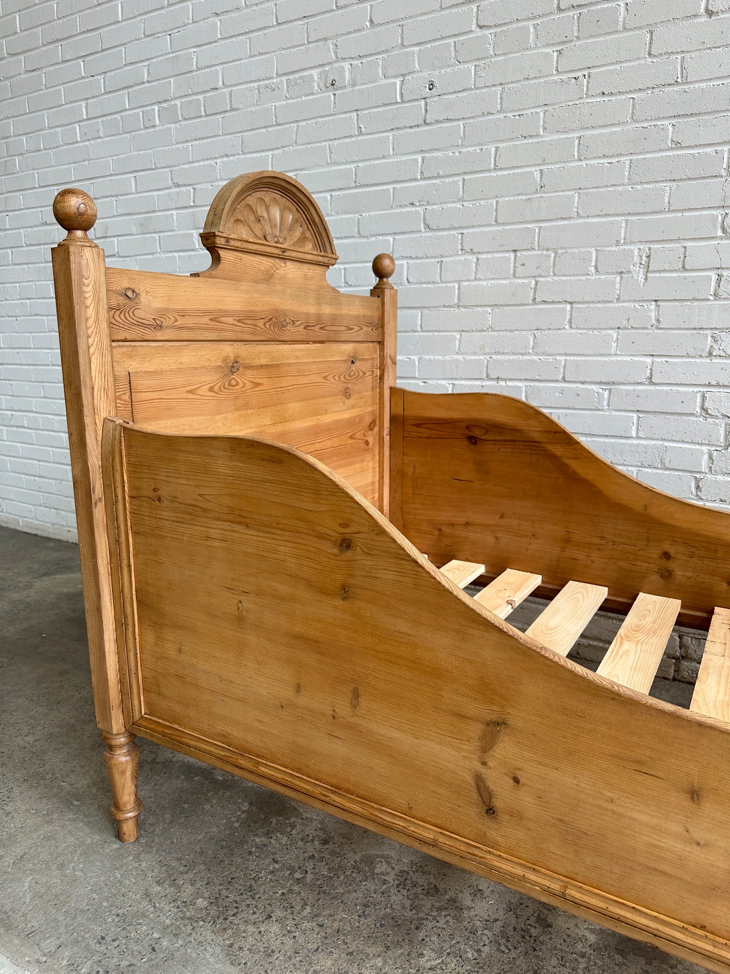 Antique Pine Sleigh Bed with Pediment c. 1890