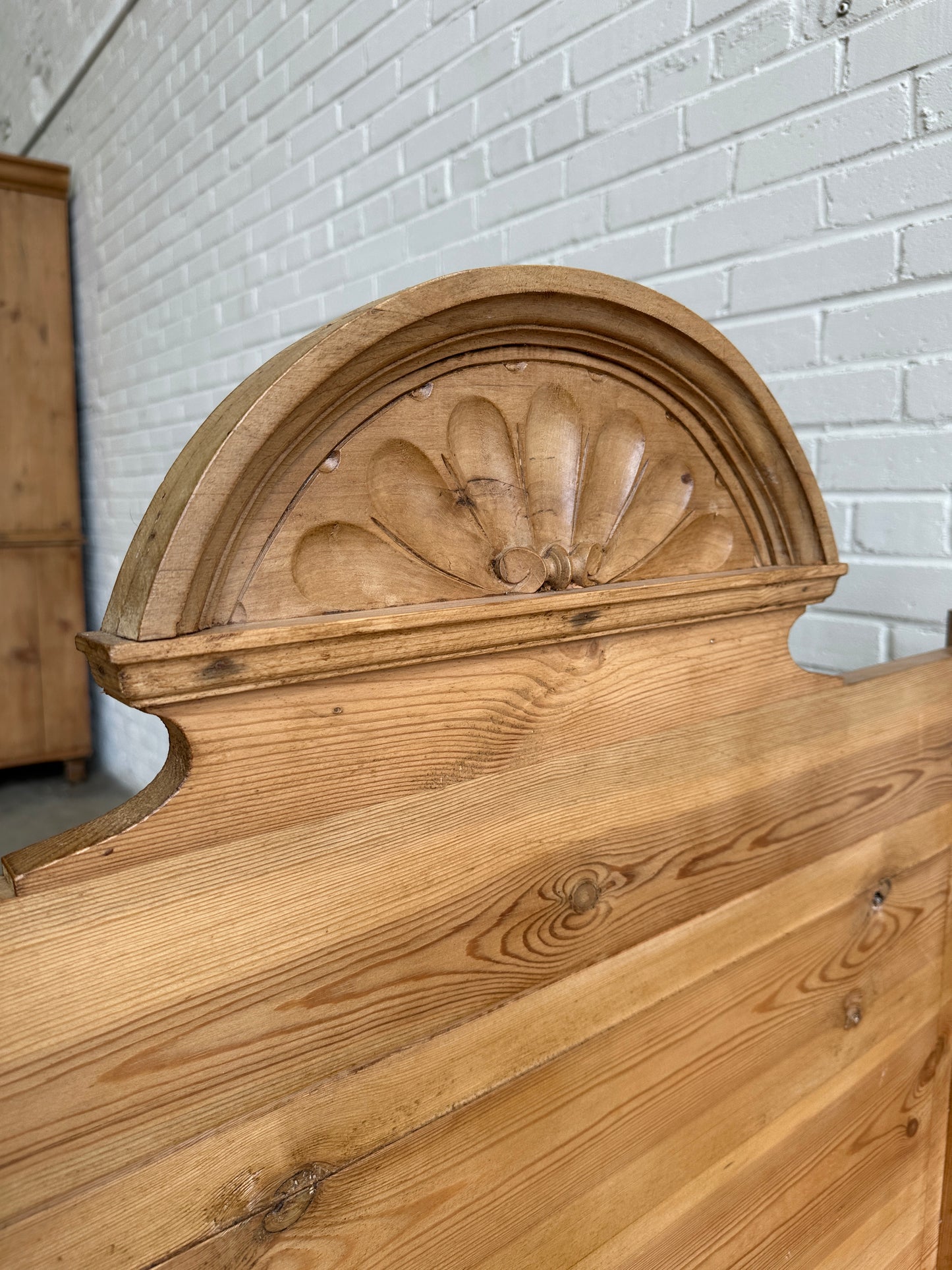 Antique Pine Sleigh Bed with Pediment c. 1890