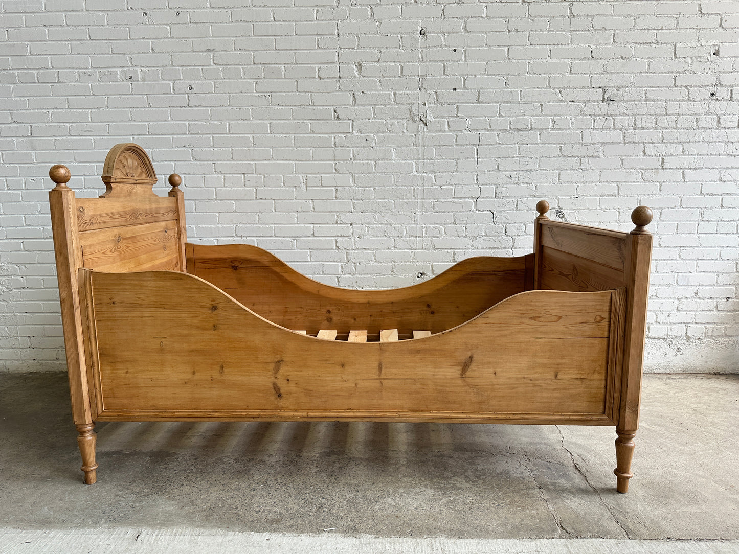 Antique Pine Sleigh Bed with Pediment c. 1890