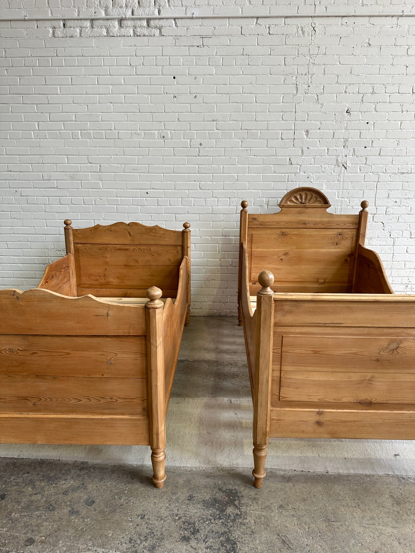 Antique Pine Sleigh Bed with Pediment c. 1890