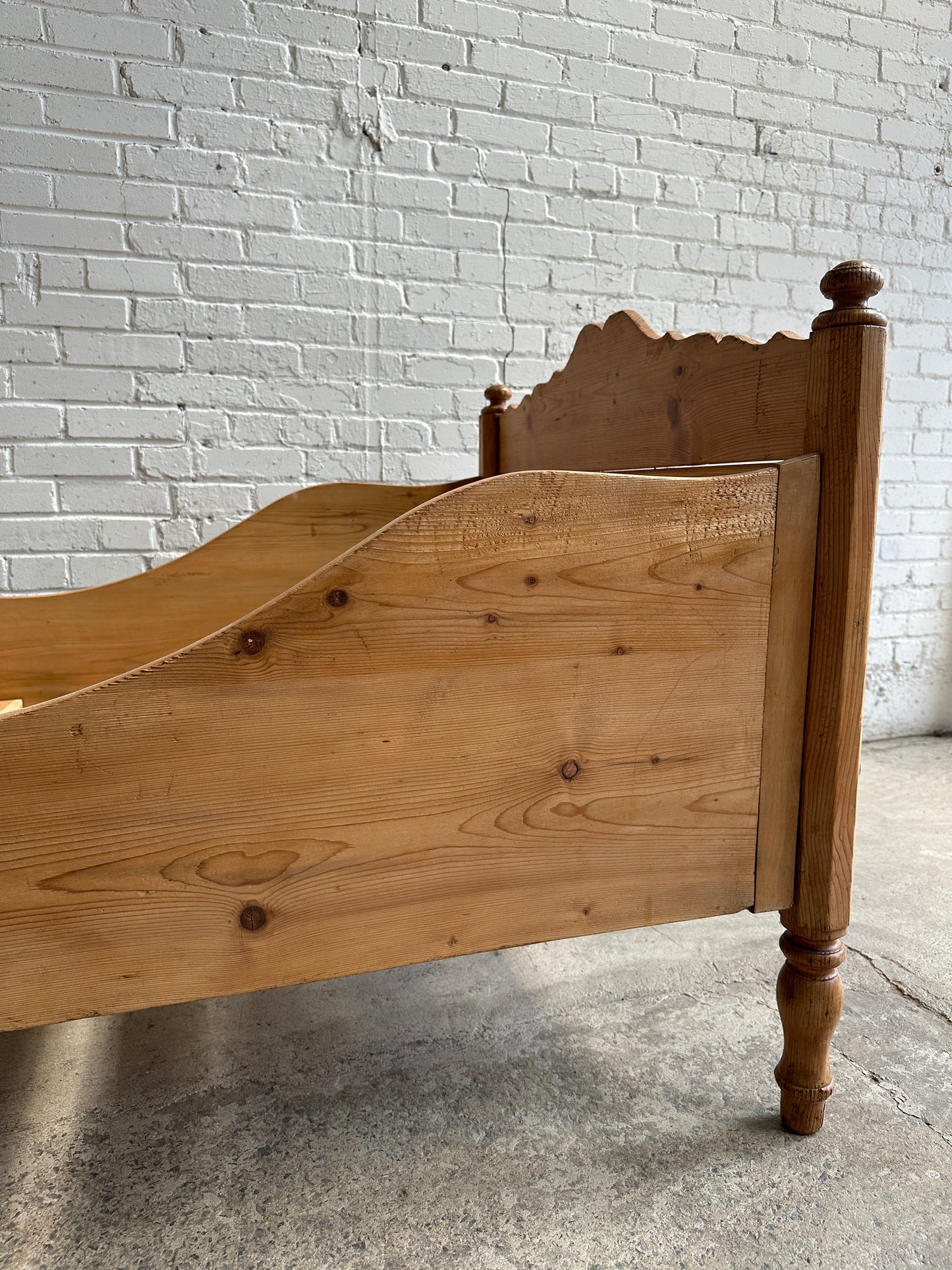 Antique Pine Sleigh Bed with Scalloping c. 1880