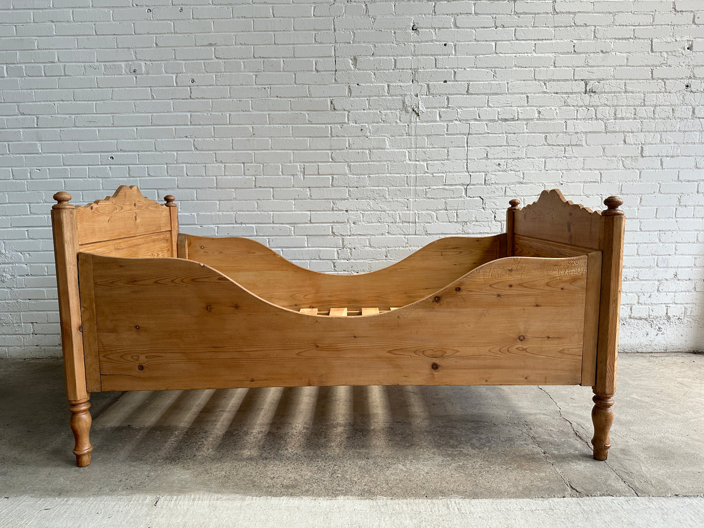 Antique Pine Sleigh Bed with Scalloping c. 1880