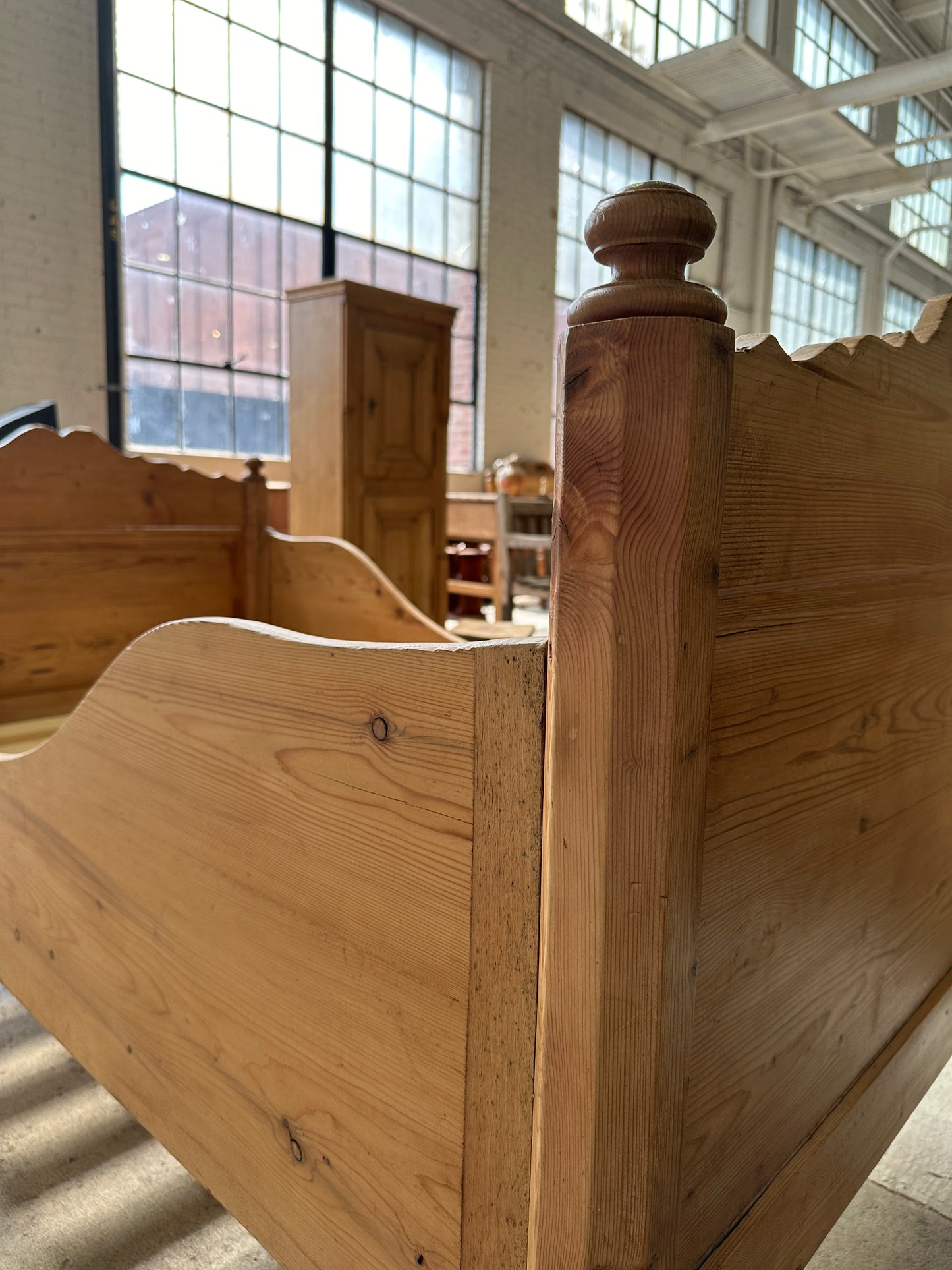 Antique Pine Sleigh Bed with Scalloping c. 1880