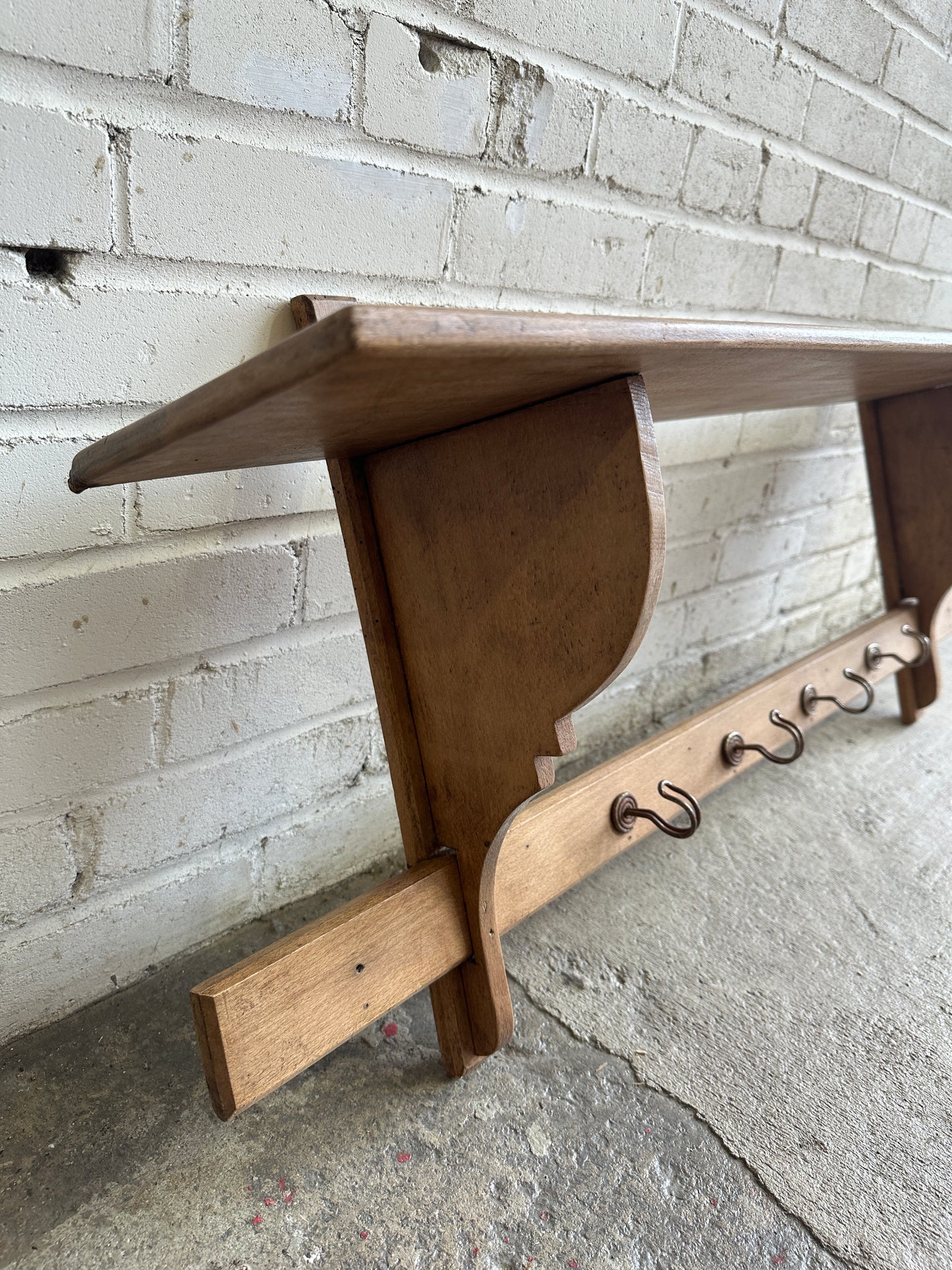 Antique Oak French Shelf with Hooks c. 1900