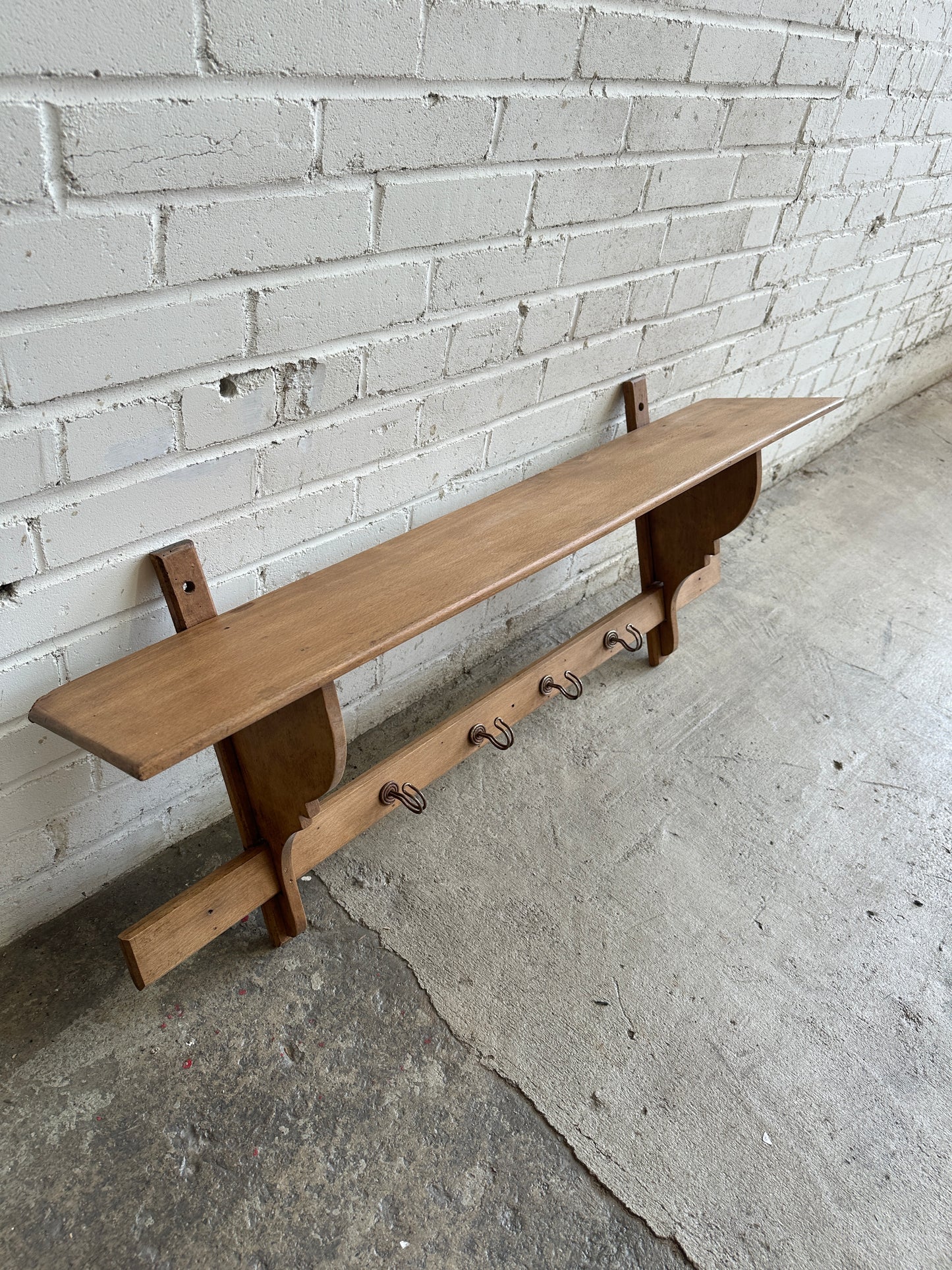 Antique Oak French Shelf with Hooks c. 1900