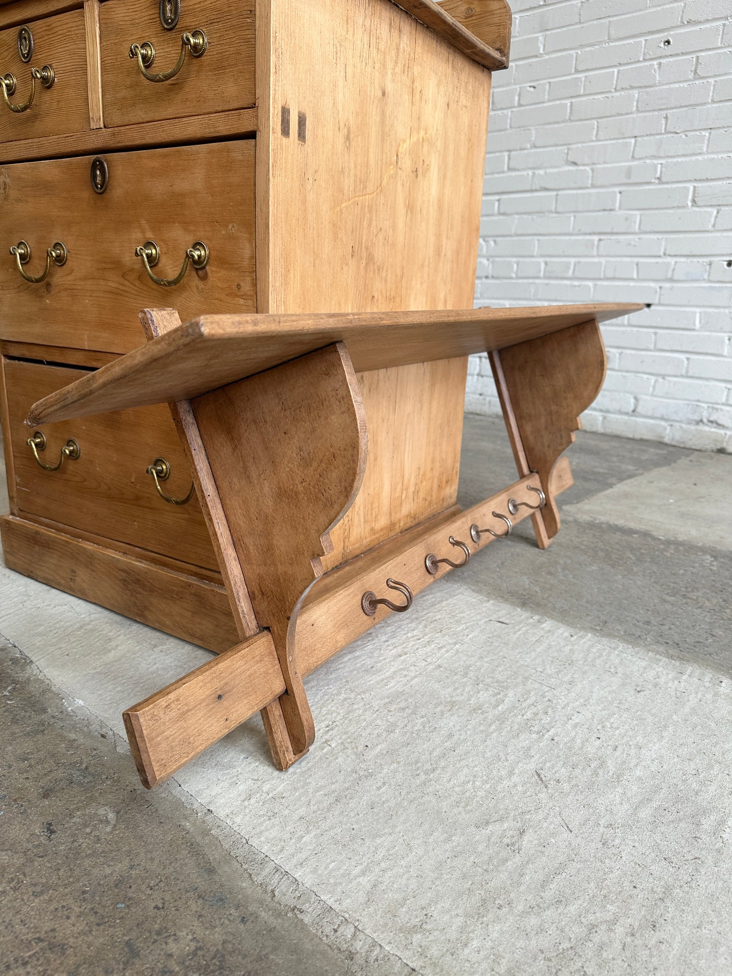 Antique Oak French Shelf with Hooks c. 1900