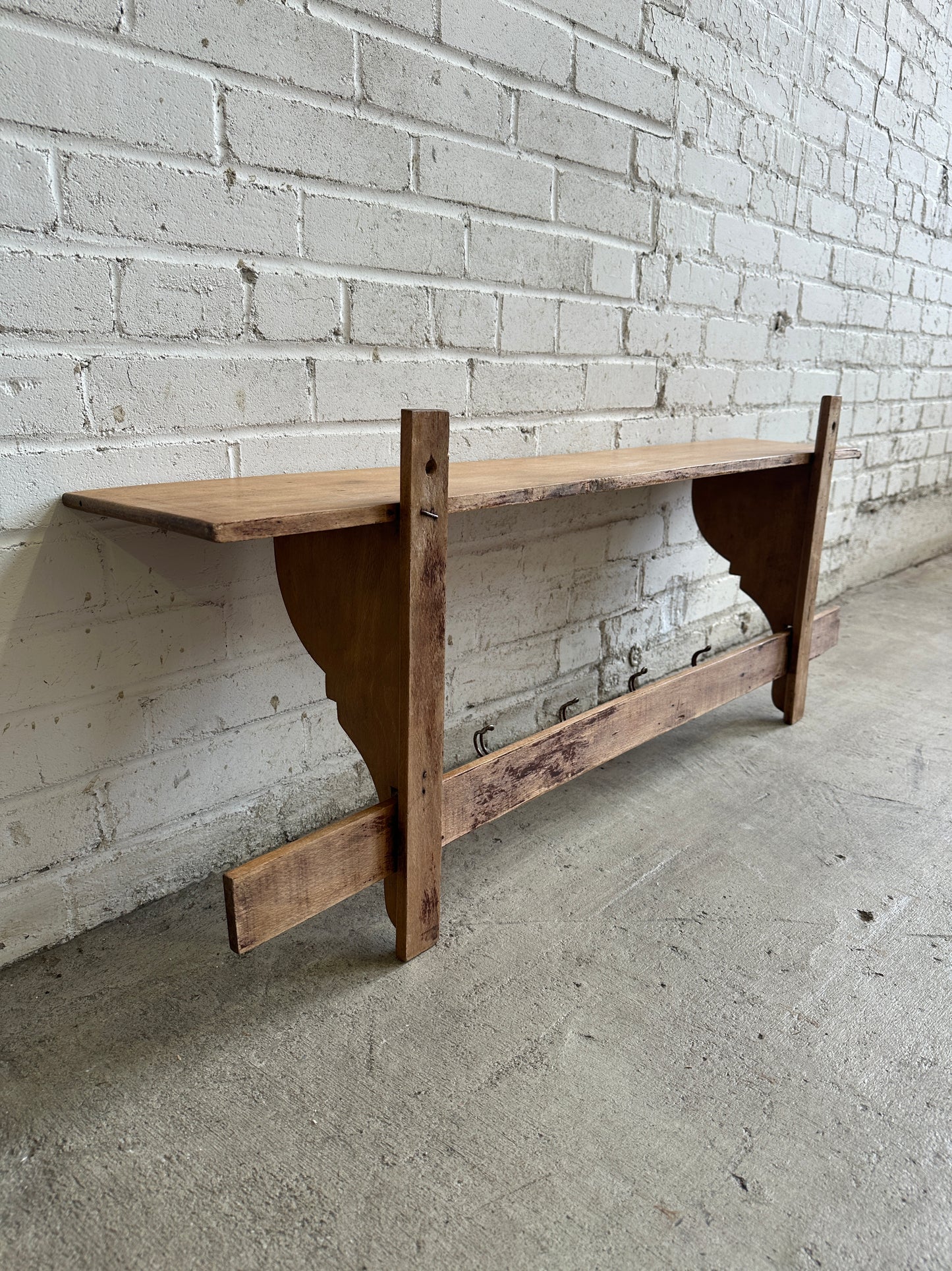 Antique Oak French Shelf with Hooks c. 1900