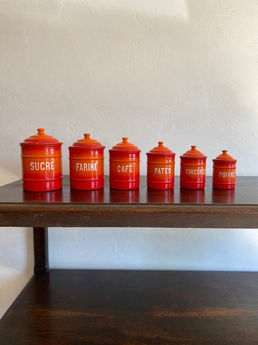 Antique French Enamel Kitchen Canisters c. 1920