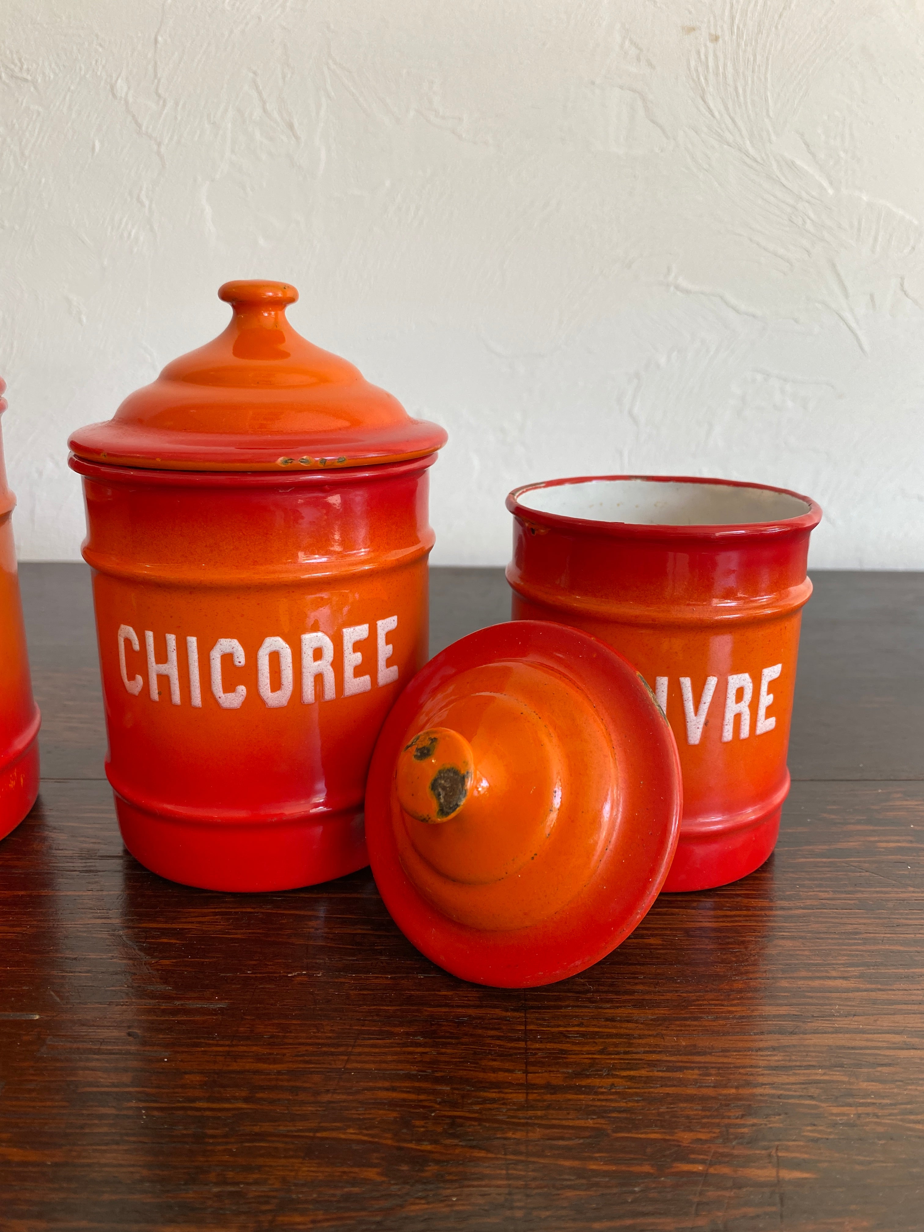 Antique French Enamel Kitchen Canisters C 1920 Knosen Antiques   IMG 8523 