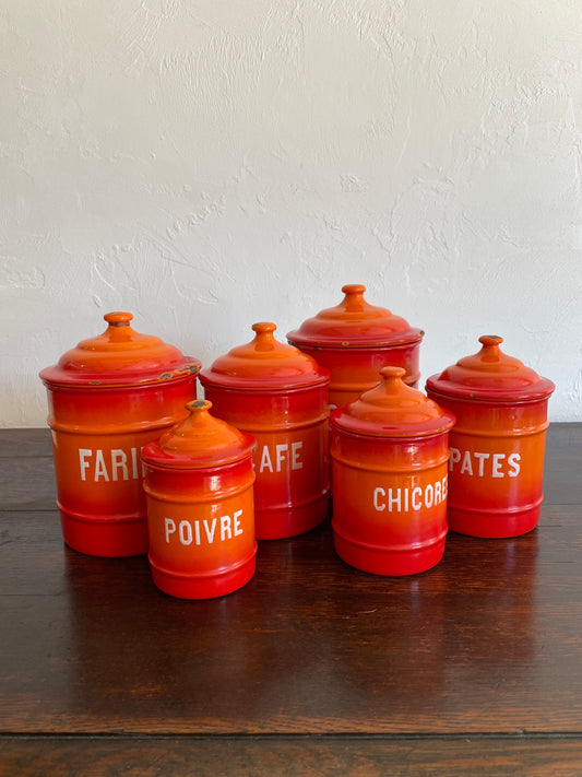 Antique French Enamel Kitchen Canisters c. 1920