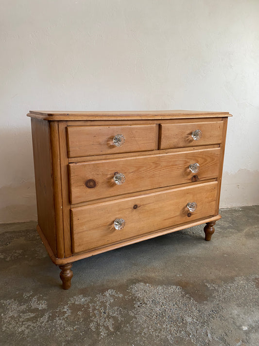 Antique Pine English Chest of Drawers with Glass Knobs c. 1890