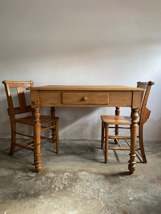 Antique French Pine Dining Table with Drawer c. 1890