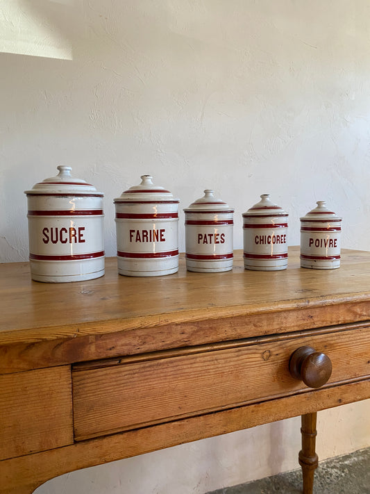 Antique French Enamel Kitchen Canisters c. 1920