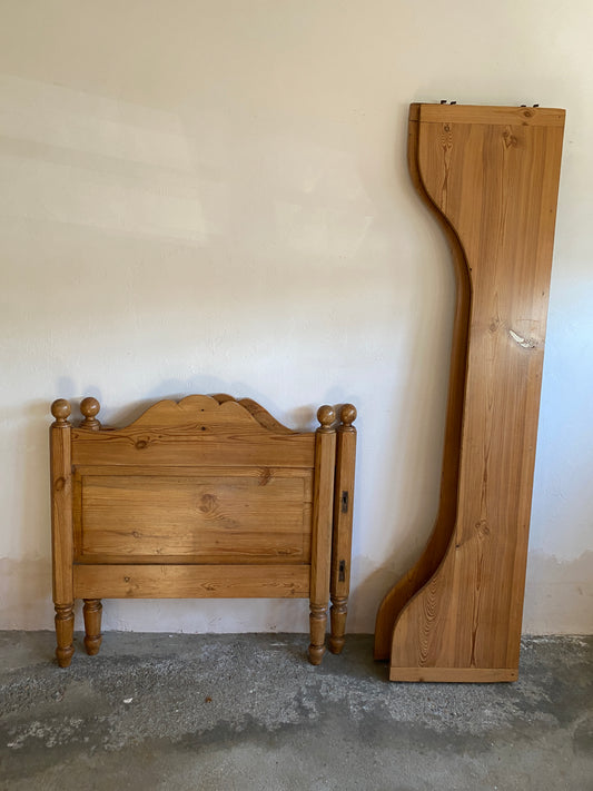 Antique Pine Sleigh Bed with Scalloped Headboard and Footboard