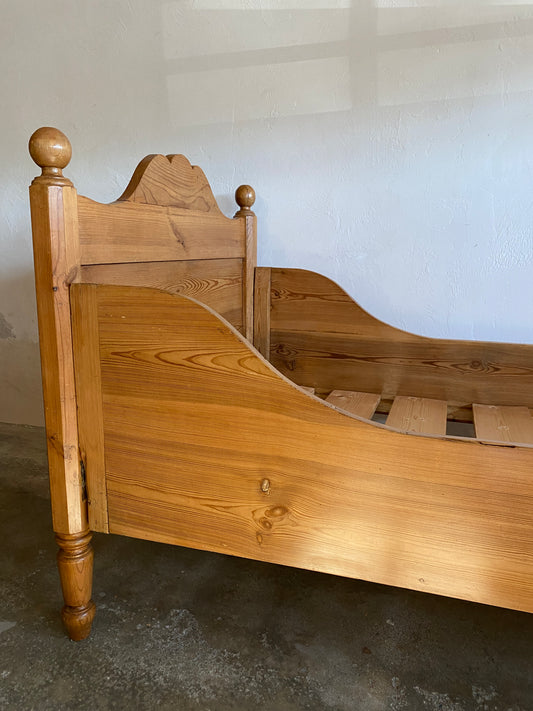 Antique Pine Sleigh Bed with Scalloped Headboard and Footboard