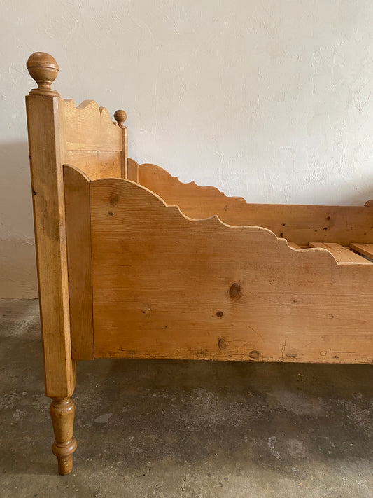 Antique Pine Sleigh Bed with Intricate Side Rails c. 1890