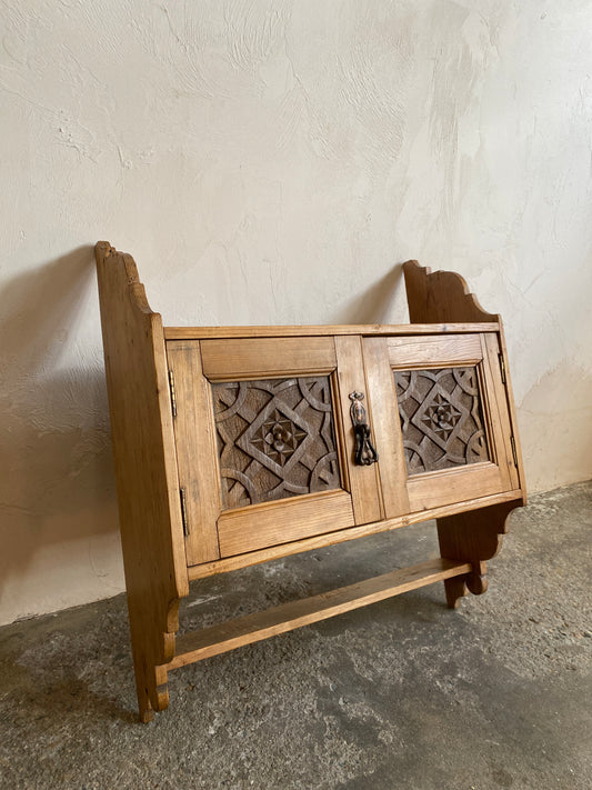 Antique Pine Wall Cupboard with Carved Panels, c. 1900