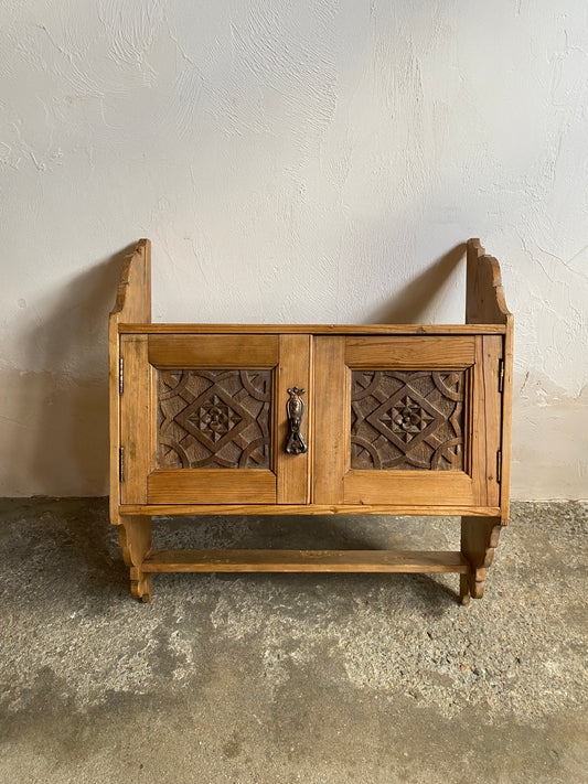 Antique Pine Wall Cupboard with Carved Panels, c. 1900