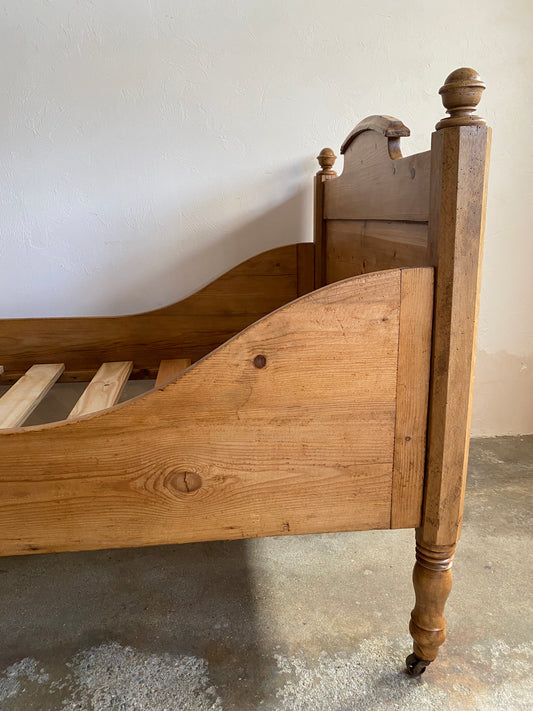 Antique Pine Sleigh Bed with Castors, c. 1910